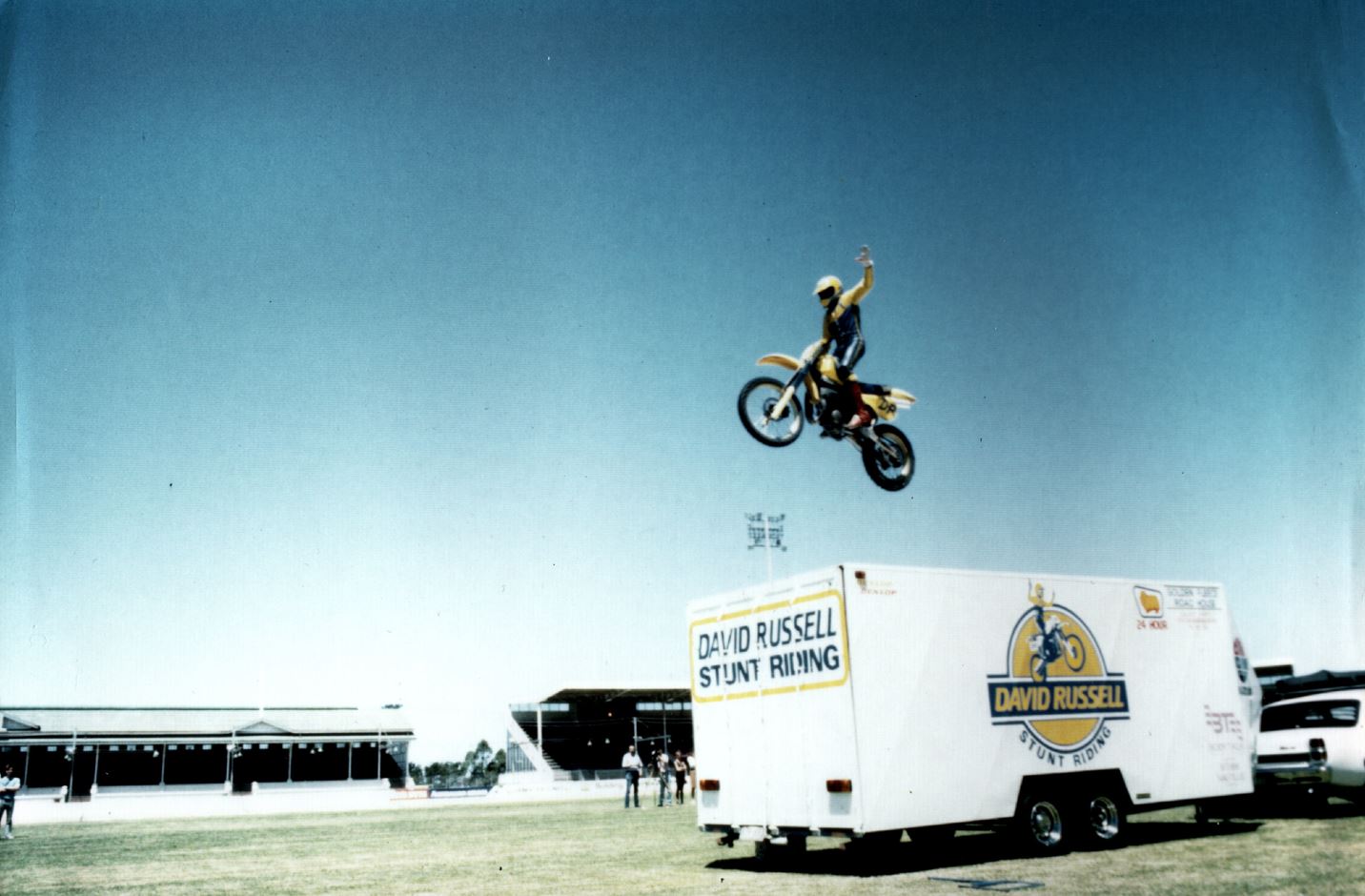 David Russell jumping over his trailer.